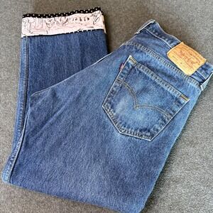 Levis 501xx Upcycled Vintage Jeans 36x30 Custom Cropped Pink Polka Dot USA Made